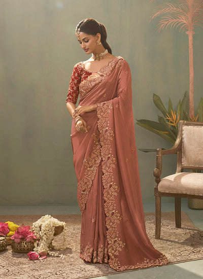 Rose Pink Traditional Embroidered Silk Saree