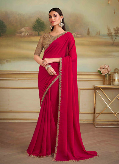 Deep Red Designer Embroidered Saree
