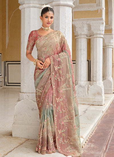 Rose Pink Traditional Embroidered Wedding Saree