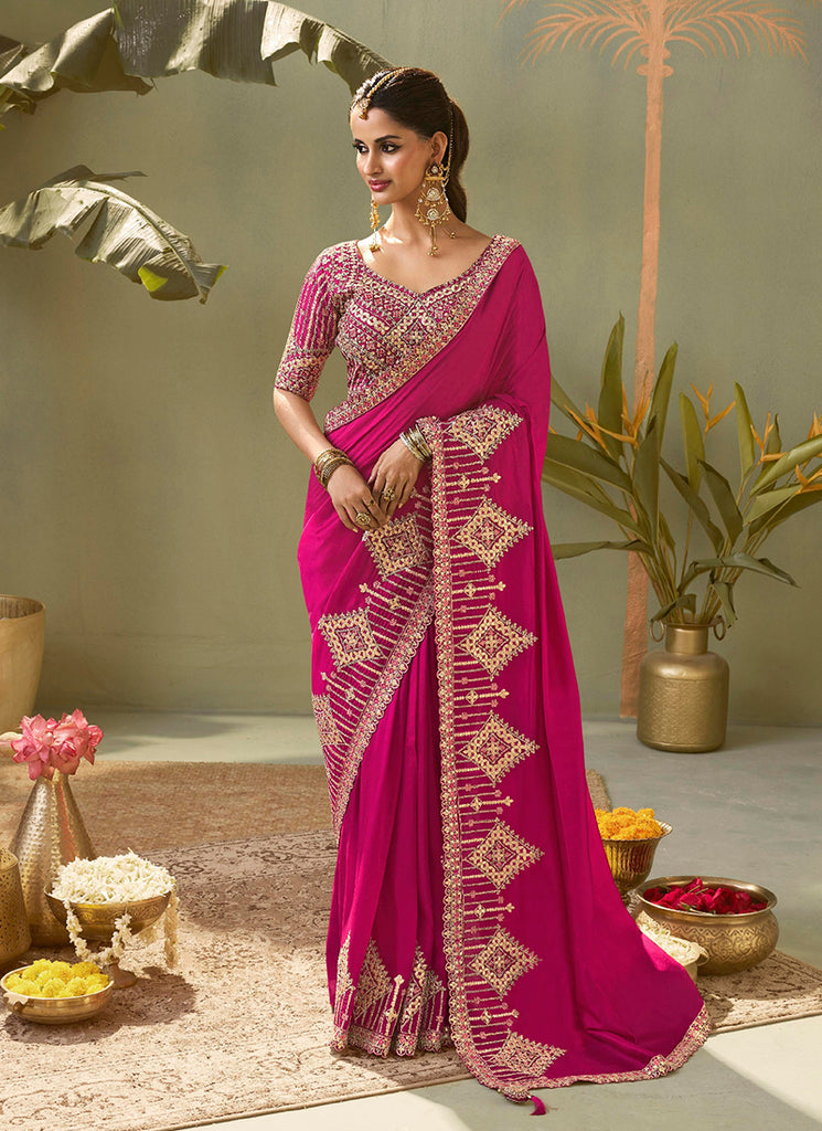 Magenta Pink Gota Patti Embroidered Saree with Blouse