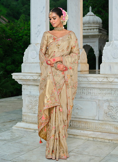 Soft Beige Traditional Embroidered Wedding Saree