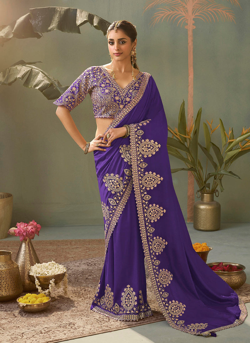 Violet Gota Patti Embroidered Saree with Blouse