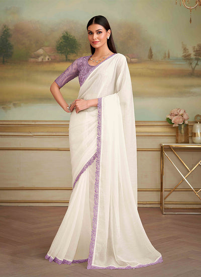 Off White Designer Embroidered Saree