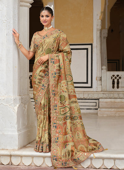 Beige Gold Traditional Embroidered Wedding Saree