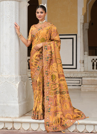 Mustard Yellow Traditional Embroidered Wedding Saree