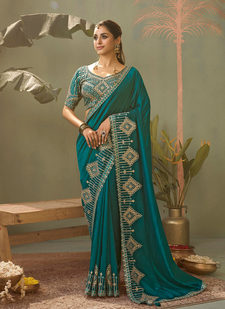 Turquoise Gota Patti Embroidered Saree with Blouse