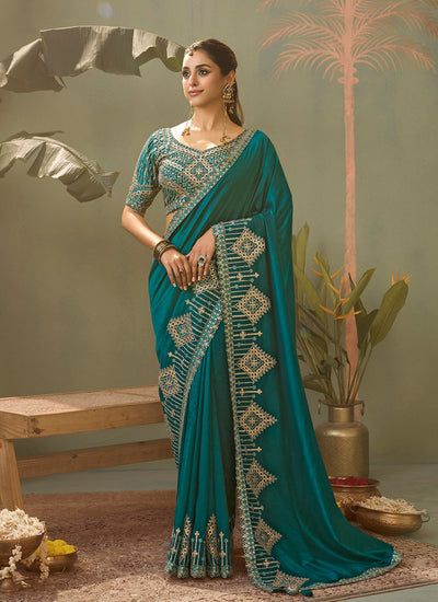 Turquoise Gota Patti Embroidered Saree with Blouse