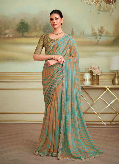 Mint Green Designer Embroidered Saree