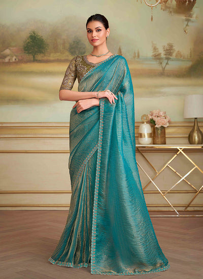 Turquoise Designer Embroidered Saree