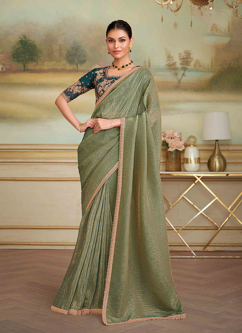 Olive Green Designer Embroidered Saree