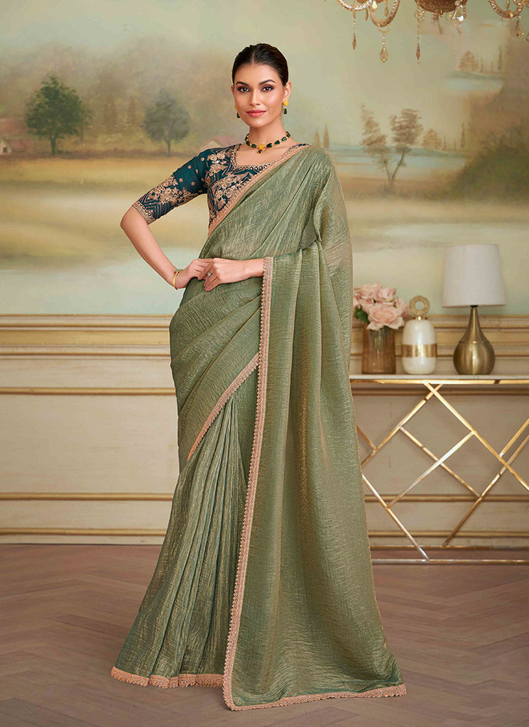 Olive Green Designer Embroidered Saree