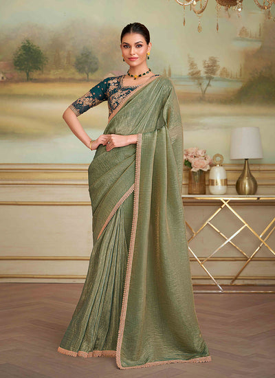 Olive Green Designer Embroidered Saree