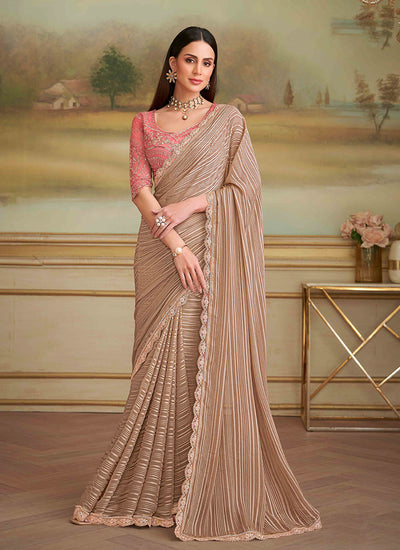Beige Designer Embroidered Saree