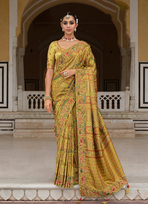 Yellow Green Traditional Embroidered Wedding Saree
