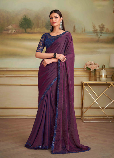 Wine Designer Embroidered Saree