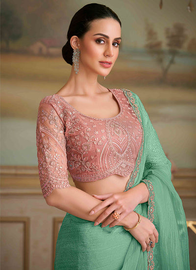Sea Green Designer Embroidered Saree