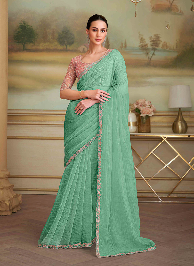 Sea Green Designer Embroidered Saree