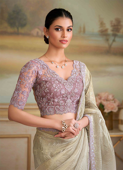 Silver Grey Designer Embroidered Saree