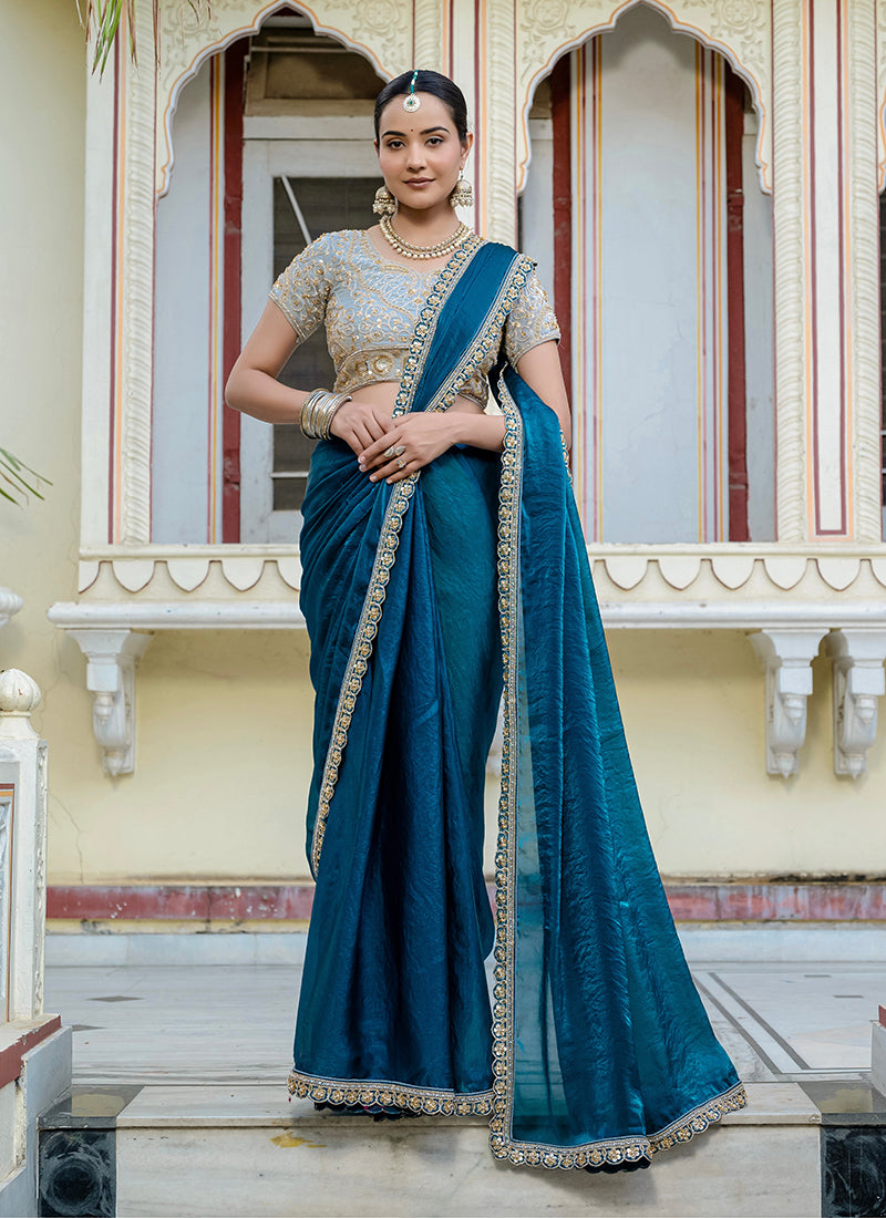Blue Traditional Embroidery Velvet Satin Saree