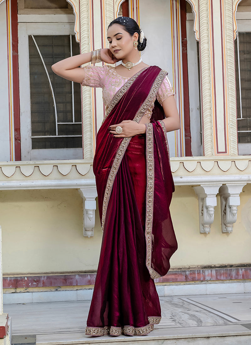 Buy Maroon Velvet Saree In UK