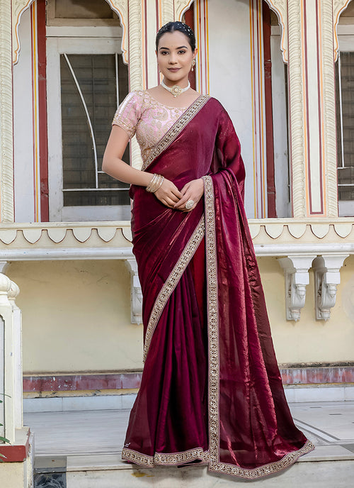 Maroon Traditional Embroidery Velvet Satin Saree