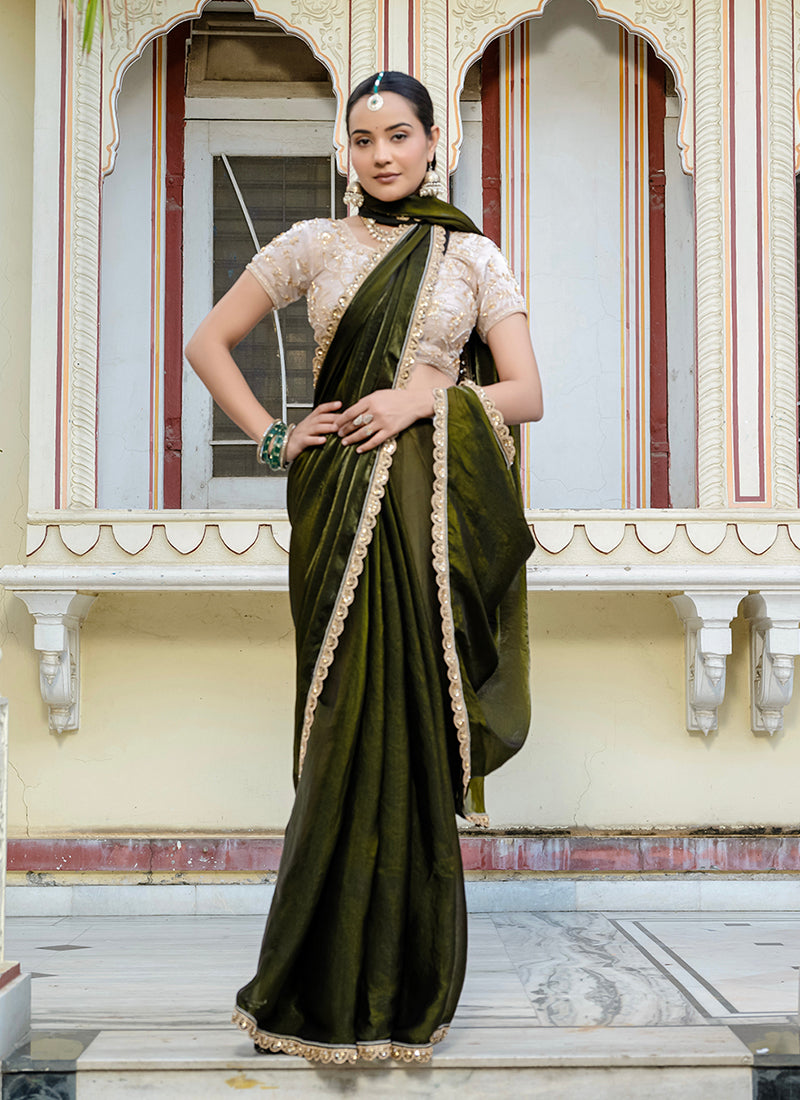Olive Green Traditional Embroidery Velvet Satin Saree