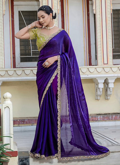 Purple Traditional Embroidery Velvet Satin Saree