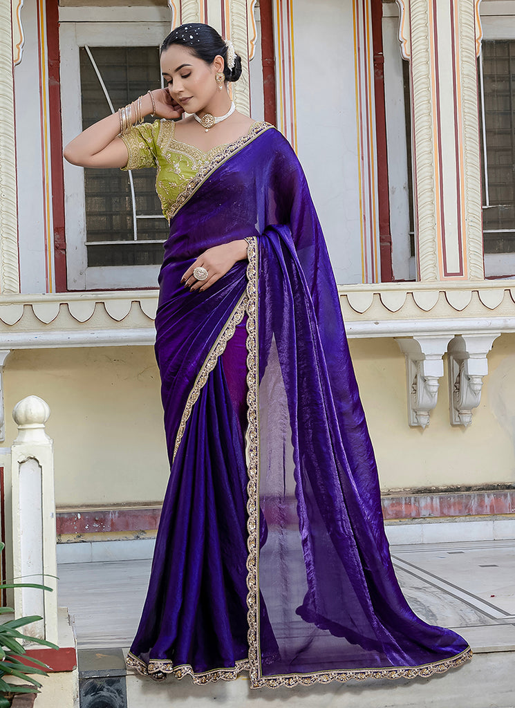 Purple Traditional Embroidery Velvet Satin Saree