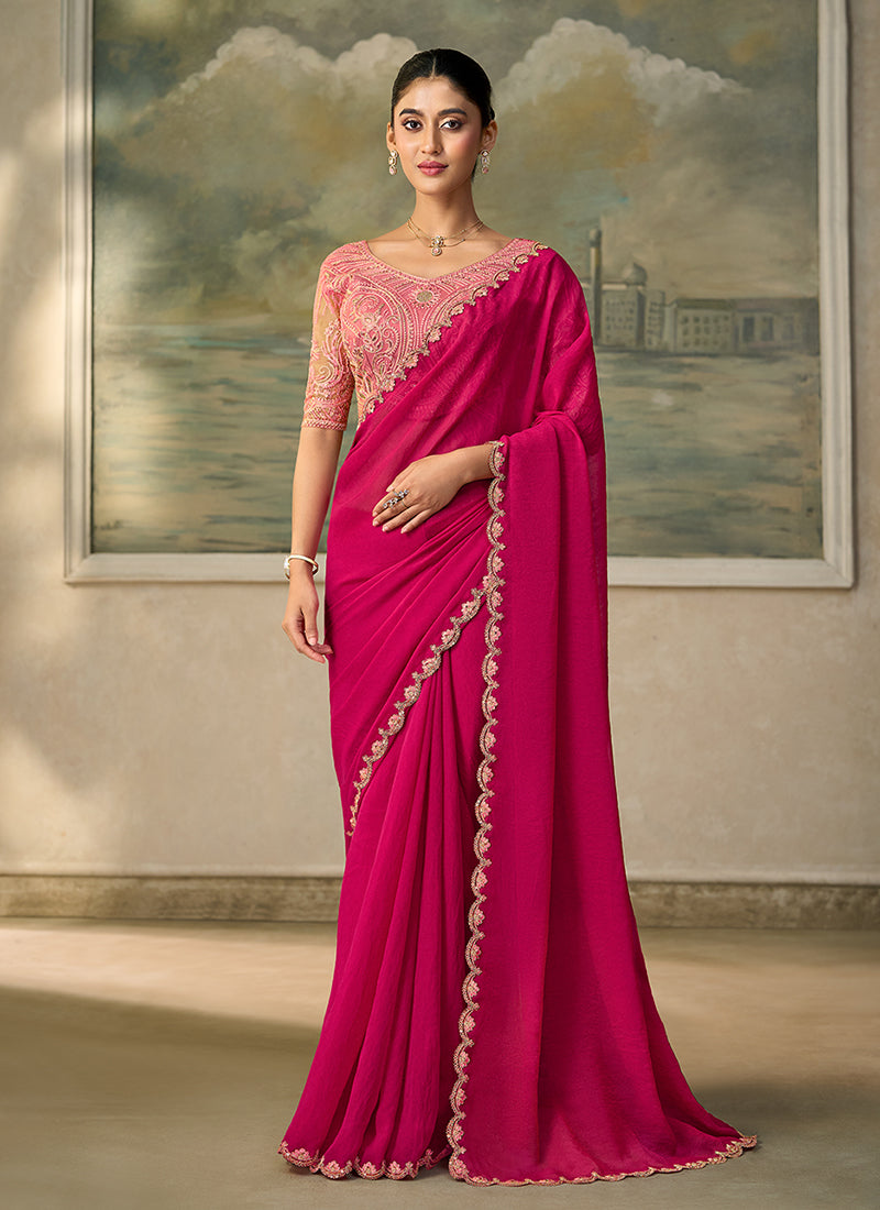Fuchsia Pink Embroidery Wedding Saree with Blouse