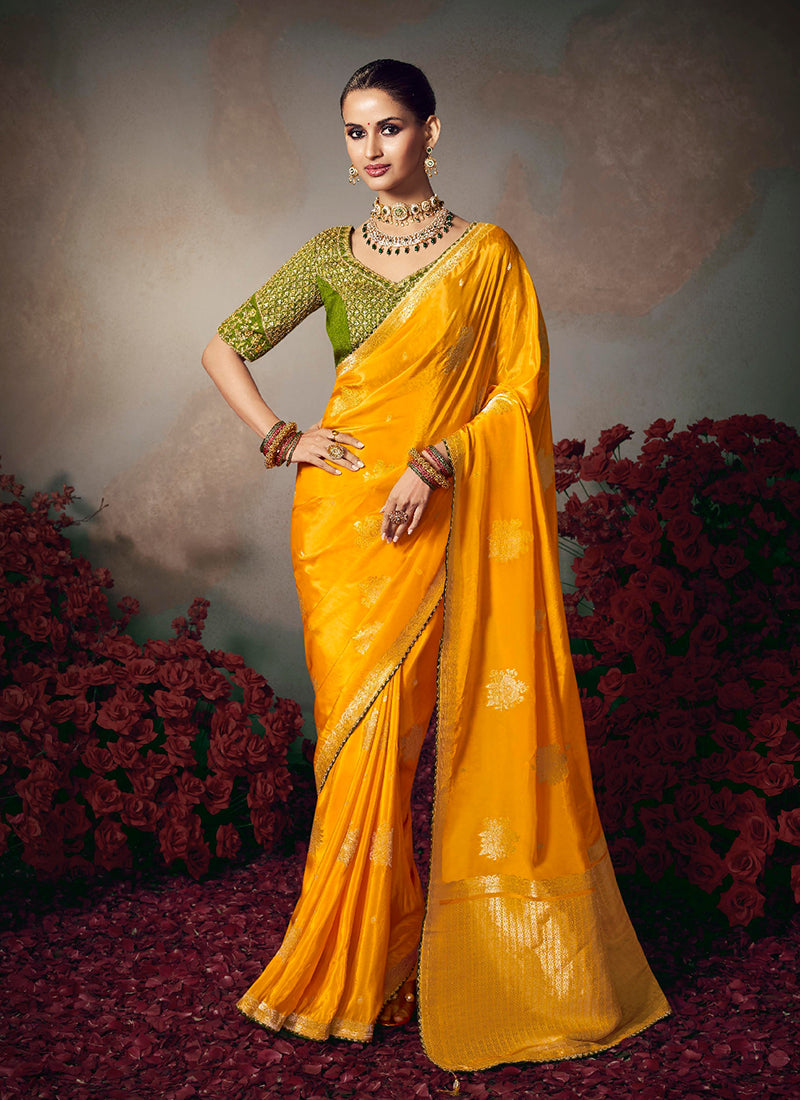 Yellow And Green Embroidered Silk Saree