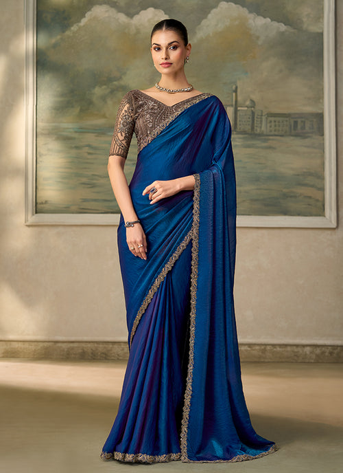 Blue Bronze Embroidery Wedding Saree with Blouse