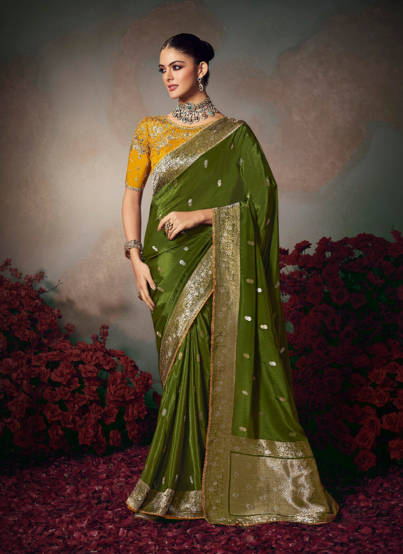Green And Yellow Embroidered Silk Saree