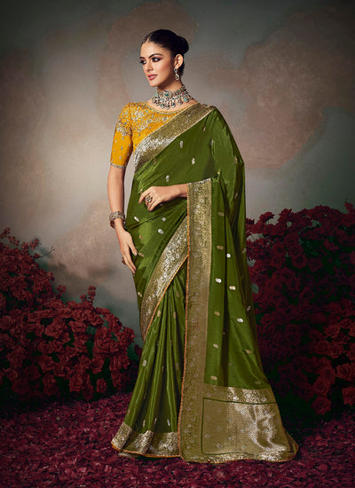 Green And Yellow Embroidered Silk Saree