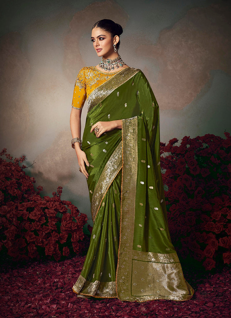 Green And Yellow Embroidered Silk Saree