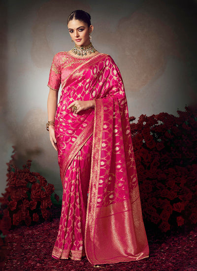 Fuchsia Pink Embroidered Silk Saree