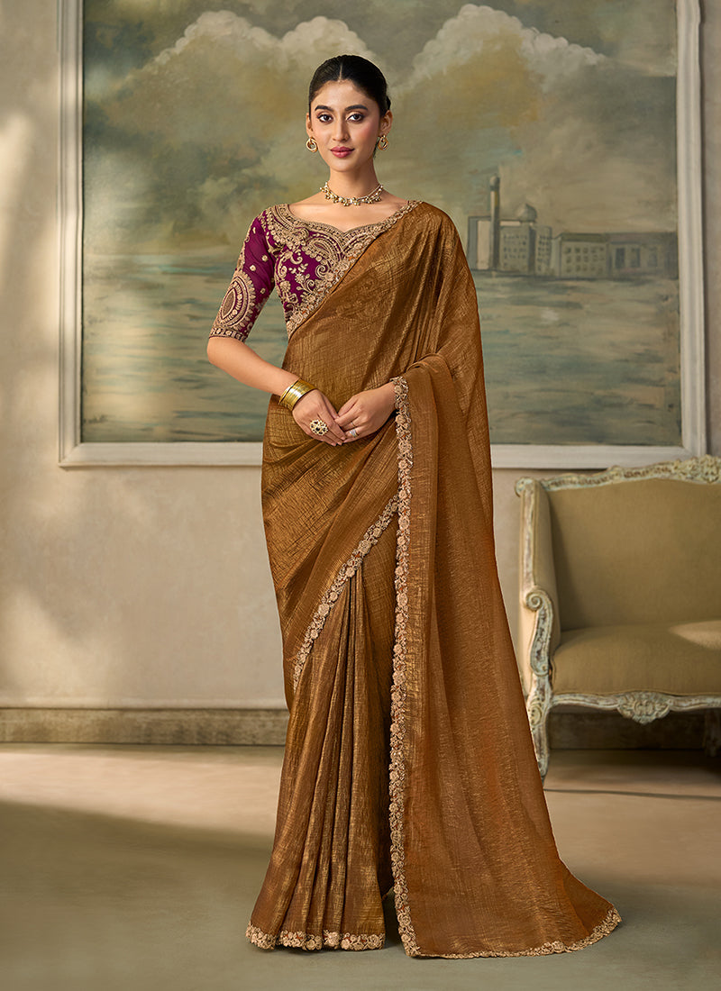 Mustard Wine Embroidery Wedding Saree with Blouse