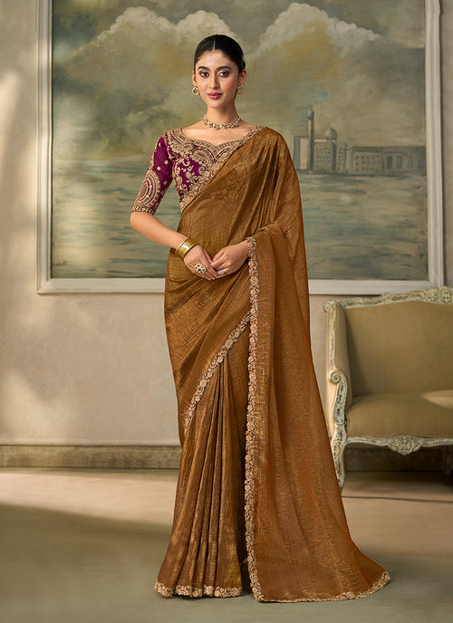 Mustard Wine Embroidery Wedding Saree with Blouse