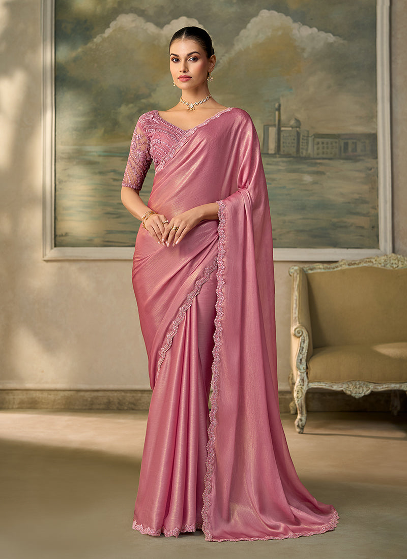 Blush Pink Embroidery Wedding Saree with Blouse