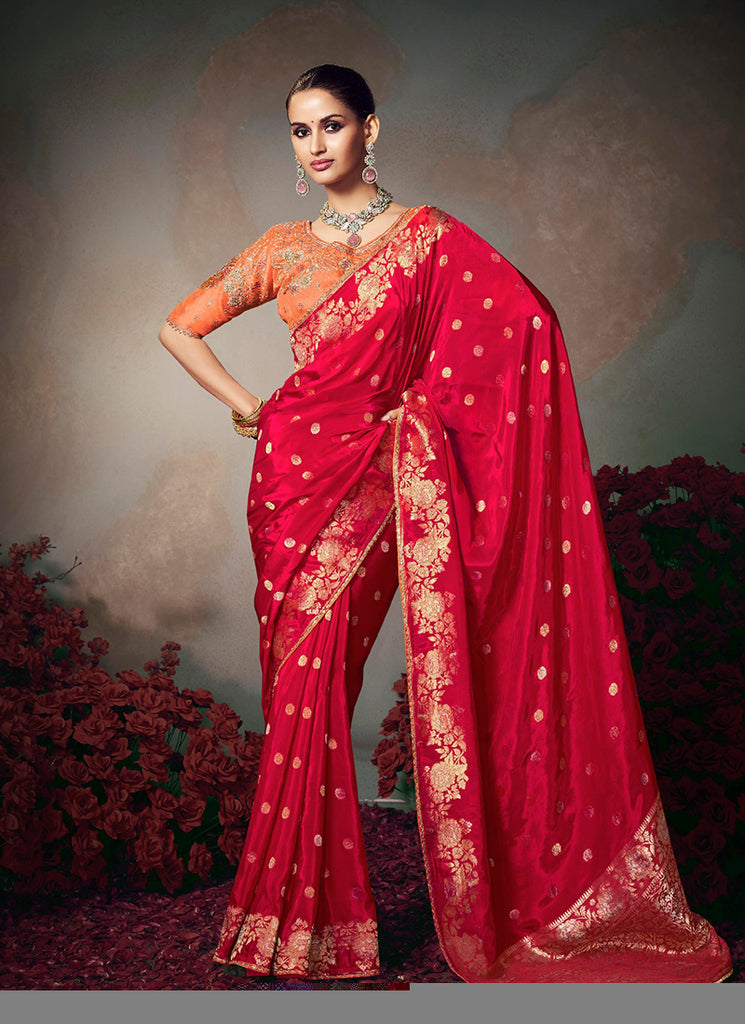 Red And Orange Embroidered Silk Saree
