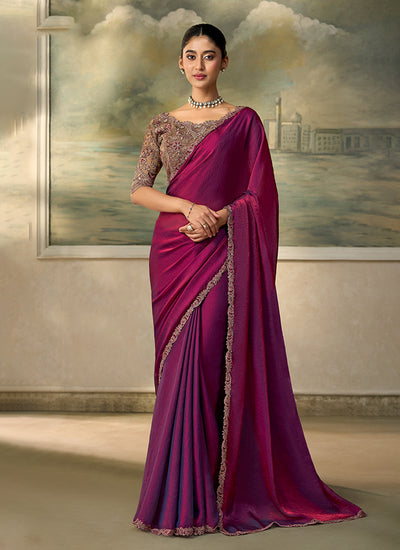 Magenta Rose Embroidery Wedding Saree with Blouse