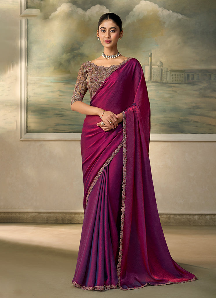 Magenta Rose Embroidery Wedding Saree with Blouse