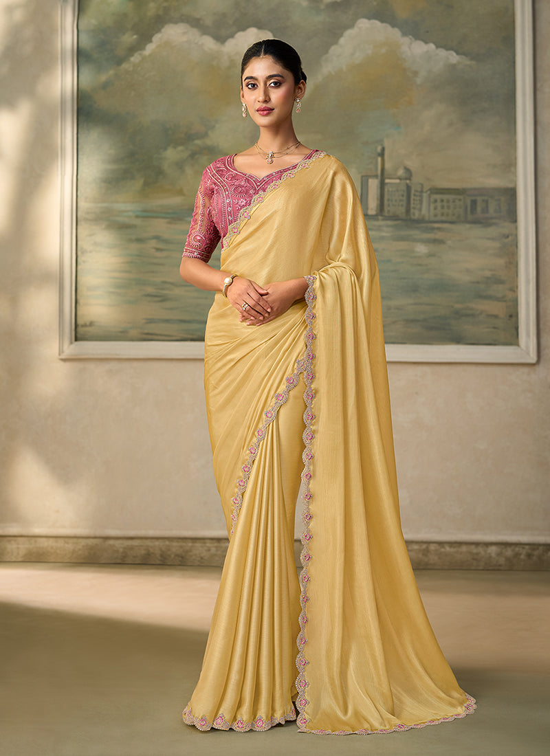 Yellow Pink Embroidery Wedding Saree with Blouse