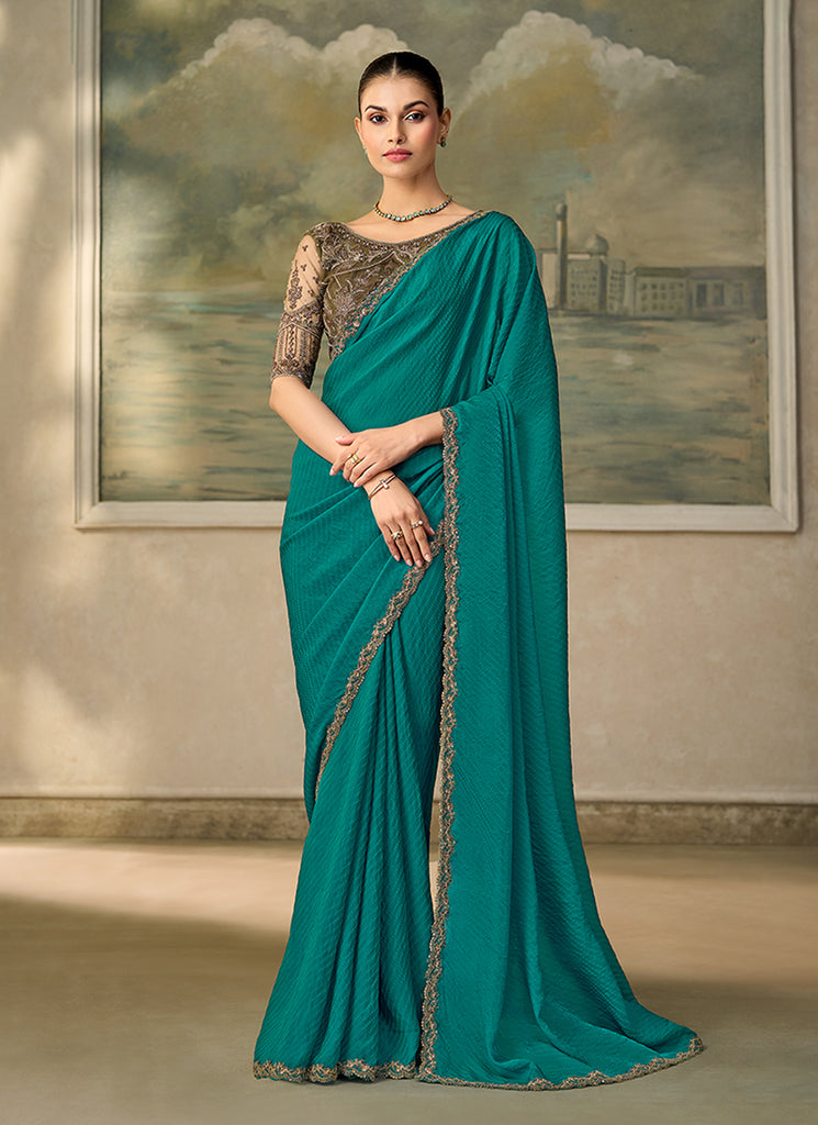 Teal Olive Embroidery Wedding Saree with Blouse