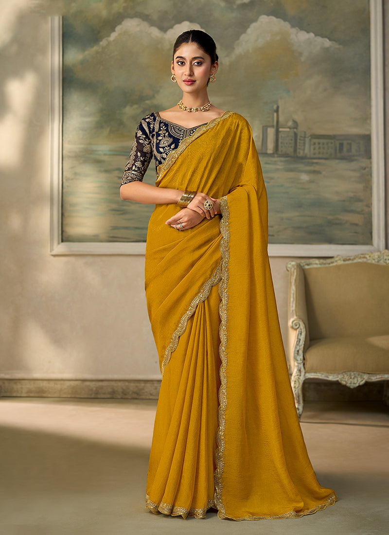 Yellow Blue Embroidery Wedding Saree with Blouse