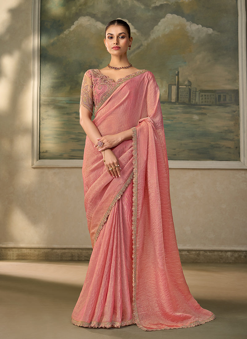 Pink Embroidery Wedding Saree with Blouse