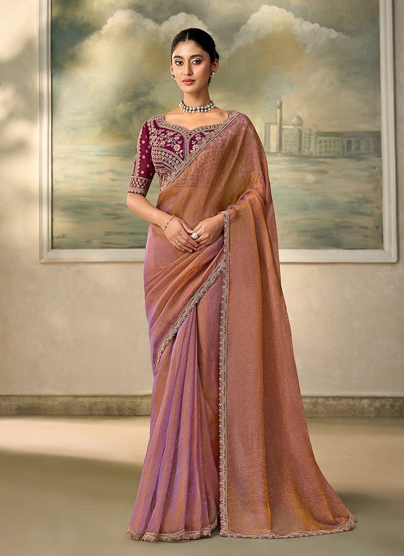 Peach Maroon Embroidery Wedding Saree with Blouse