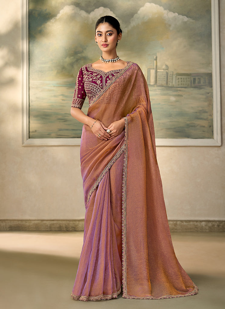 Peach Maroon Embroidery Wedding Saree with Blouse