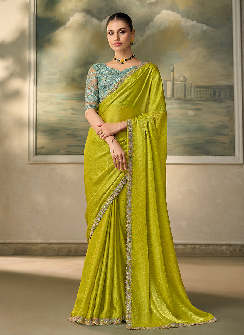 Lime Green Embroidery Wedding Saree with Blouse