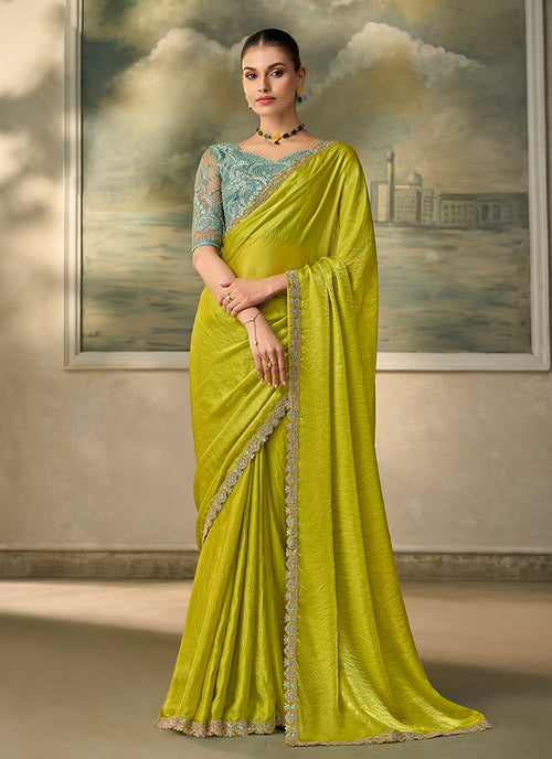 Lime Green Embroidery Wedding Saree with Blouse