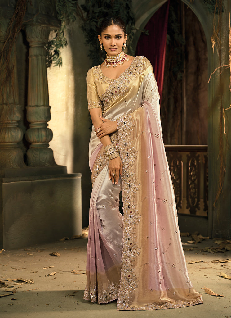 Champagne Pink Embroidered Wedding Silk Saree